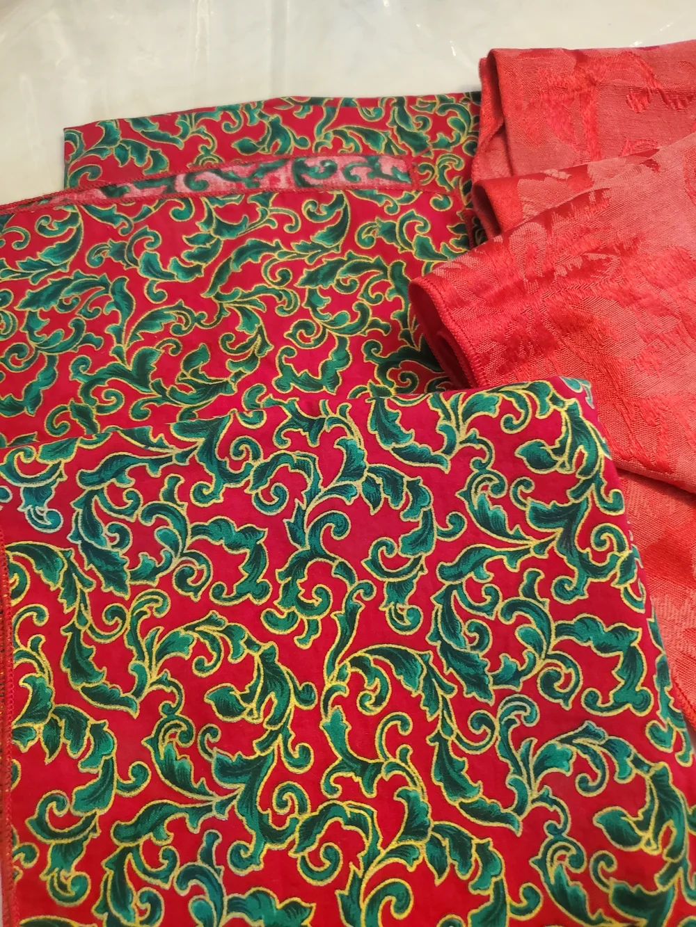 Bright Red Decorative Fabric Set with Green and Gold Scroll Pattern - Unbranded